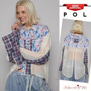 POL Floral Print Back Slit Plaid Patchwork Design Oversized Casual Shirt | Blue
